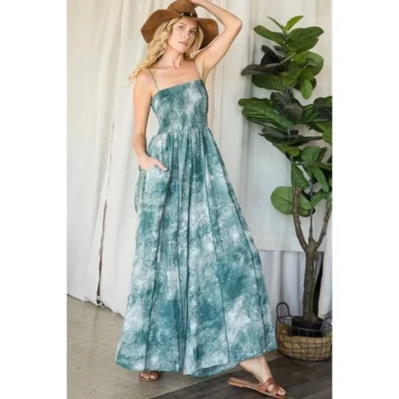 SOLD OUT Green Tie Dye Wide Palazzo Flare Leg Smocked Bohemian Casual Jumpsuit - Picture 2 of 13